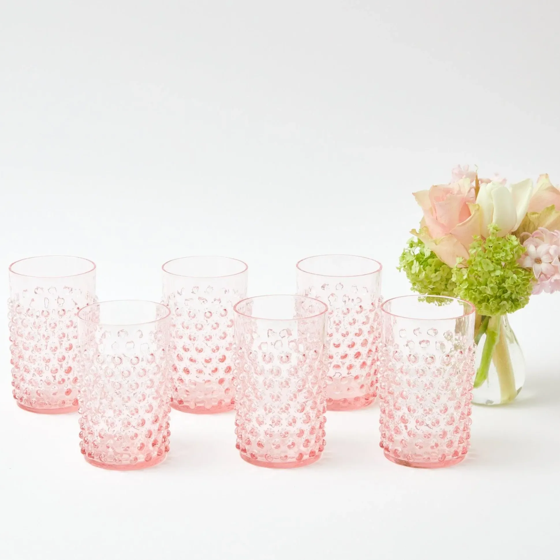 Rose Hobnail Jug With Emerald Handle & Glasses (Set Of 6)