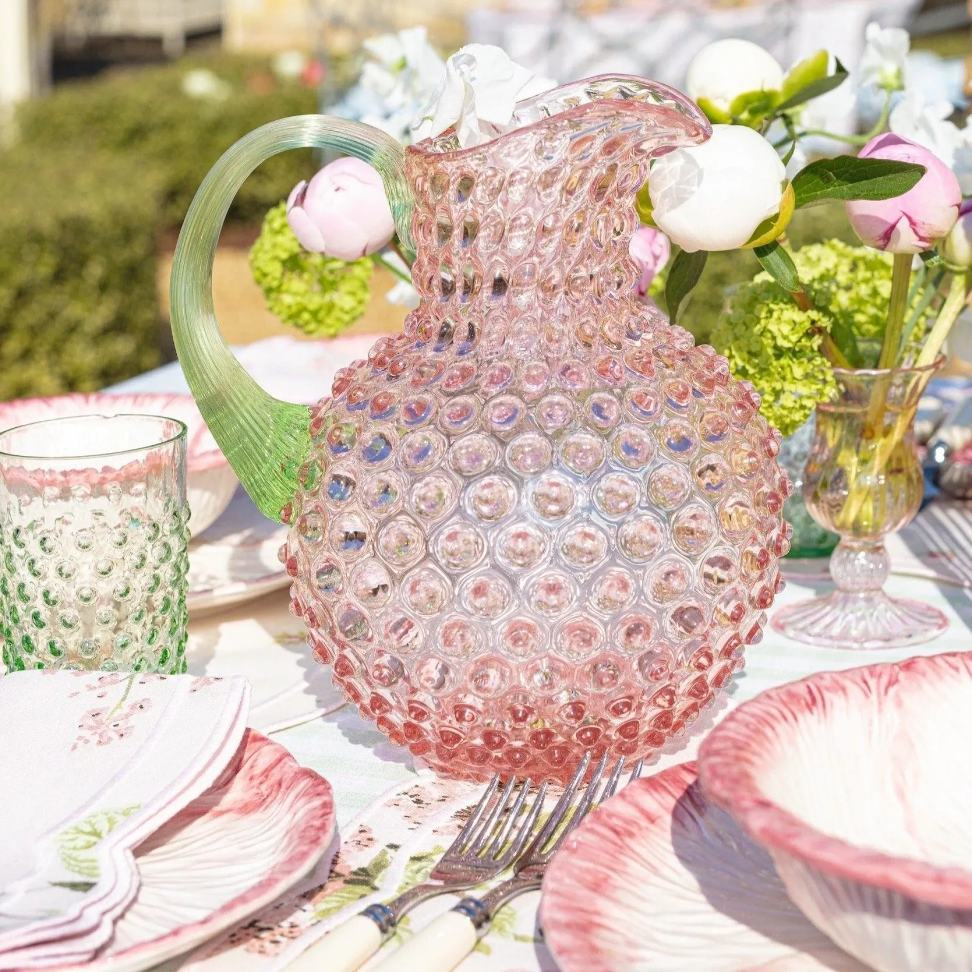 Rose Hobnail Jug With Emerald Handle & Glasses (Set Of 6)