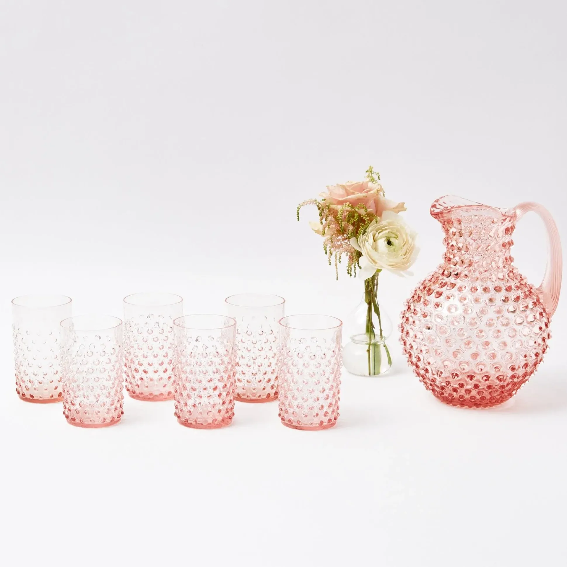 Rose Pink Hobnail Water Glasses & Jug Set