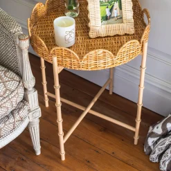 Round Scalloped Rattan Tray With Stand
