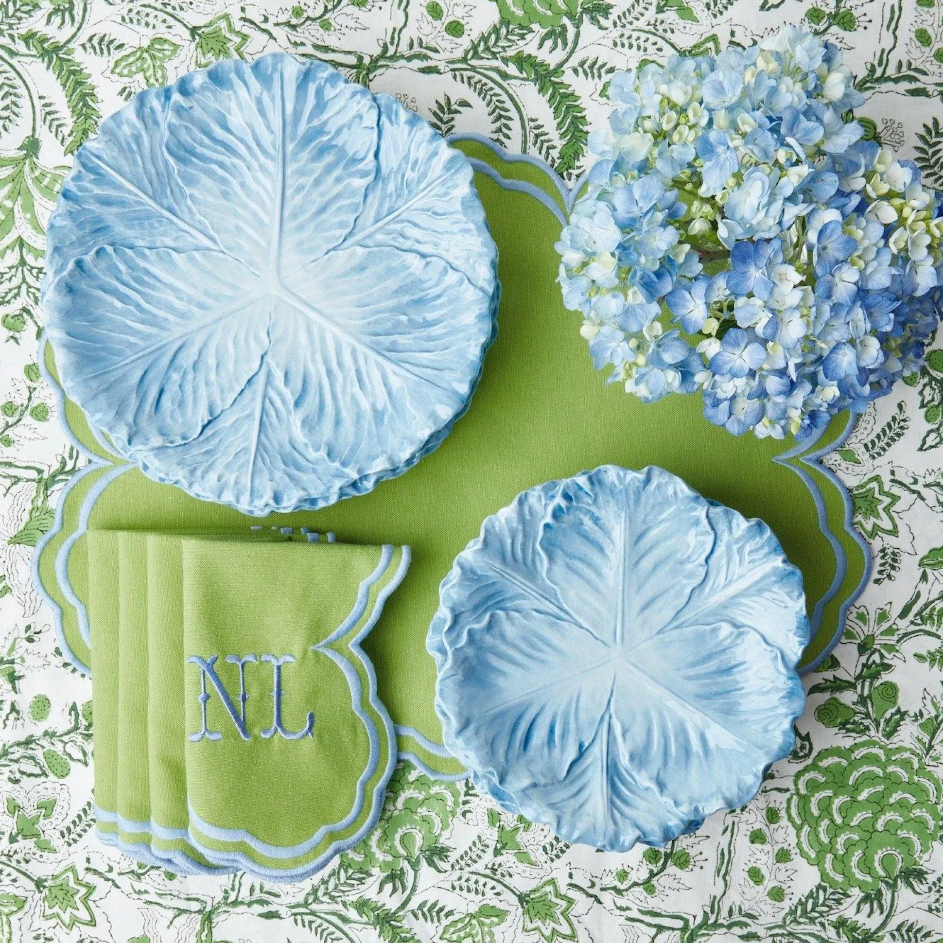 Serena Apple Green With Blue Napkins (Set Of 4)