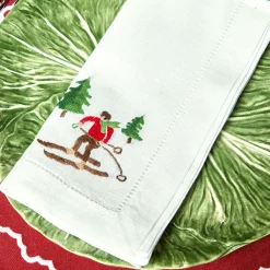 White Embroidered Skier Napkins (Set Of 4)