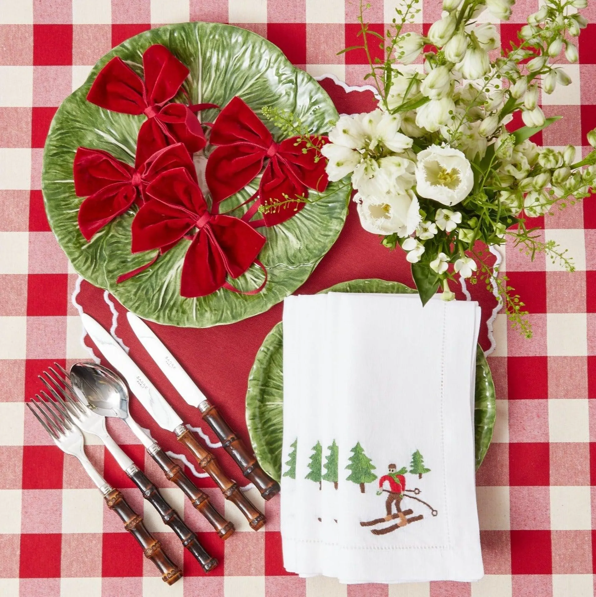 White Embroidered Skier Napkins (Set Of 4)