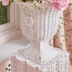 White Liliana Scalloped Rattan Pedestal And Urn