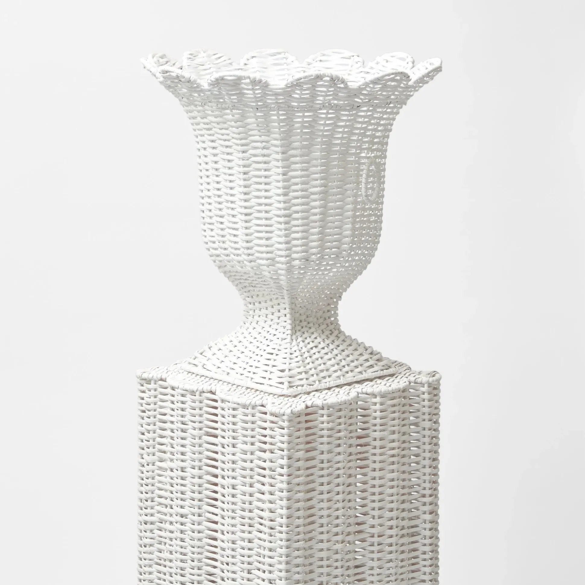 White Liliana Scalloped Rattan Pedestal And Urn