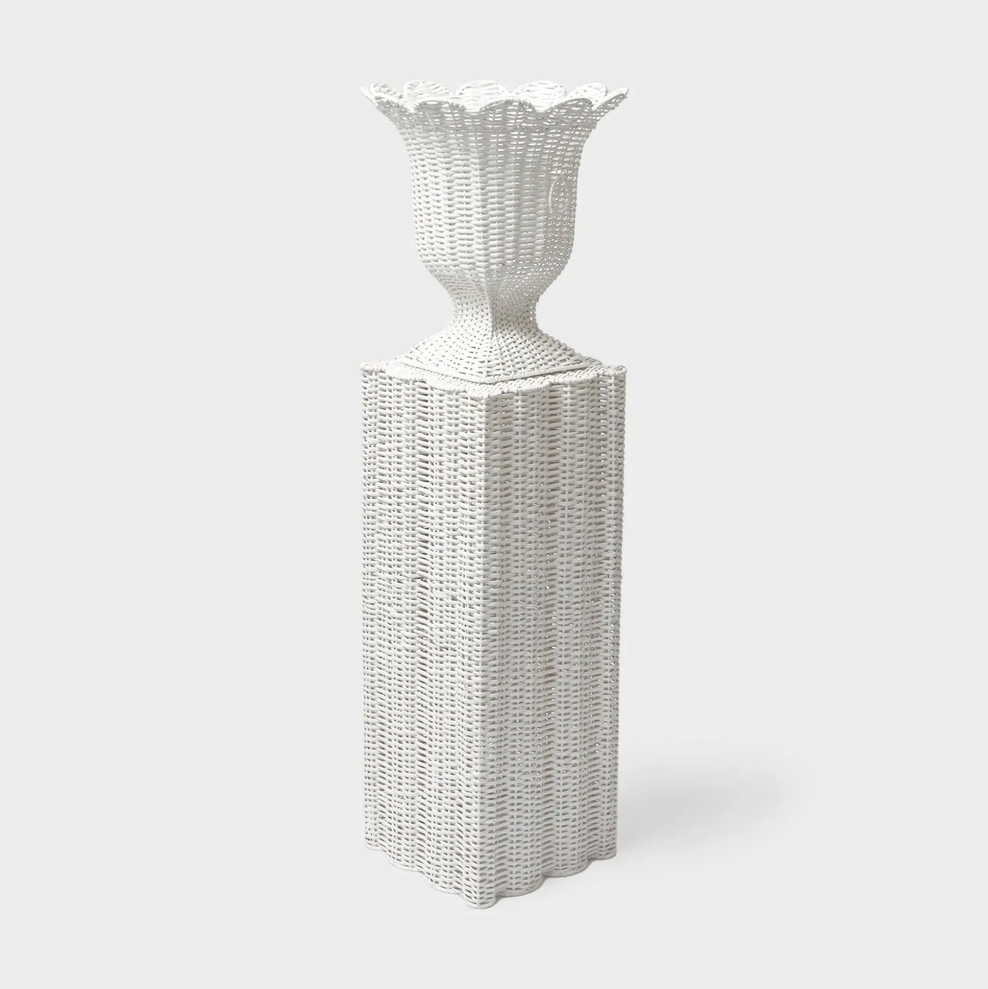 White Liliana Scalloped Rattan Pedestal And Urn