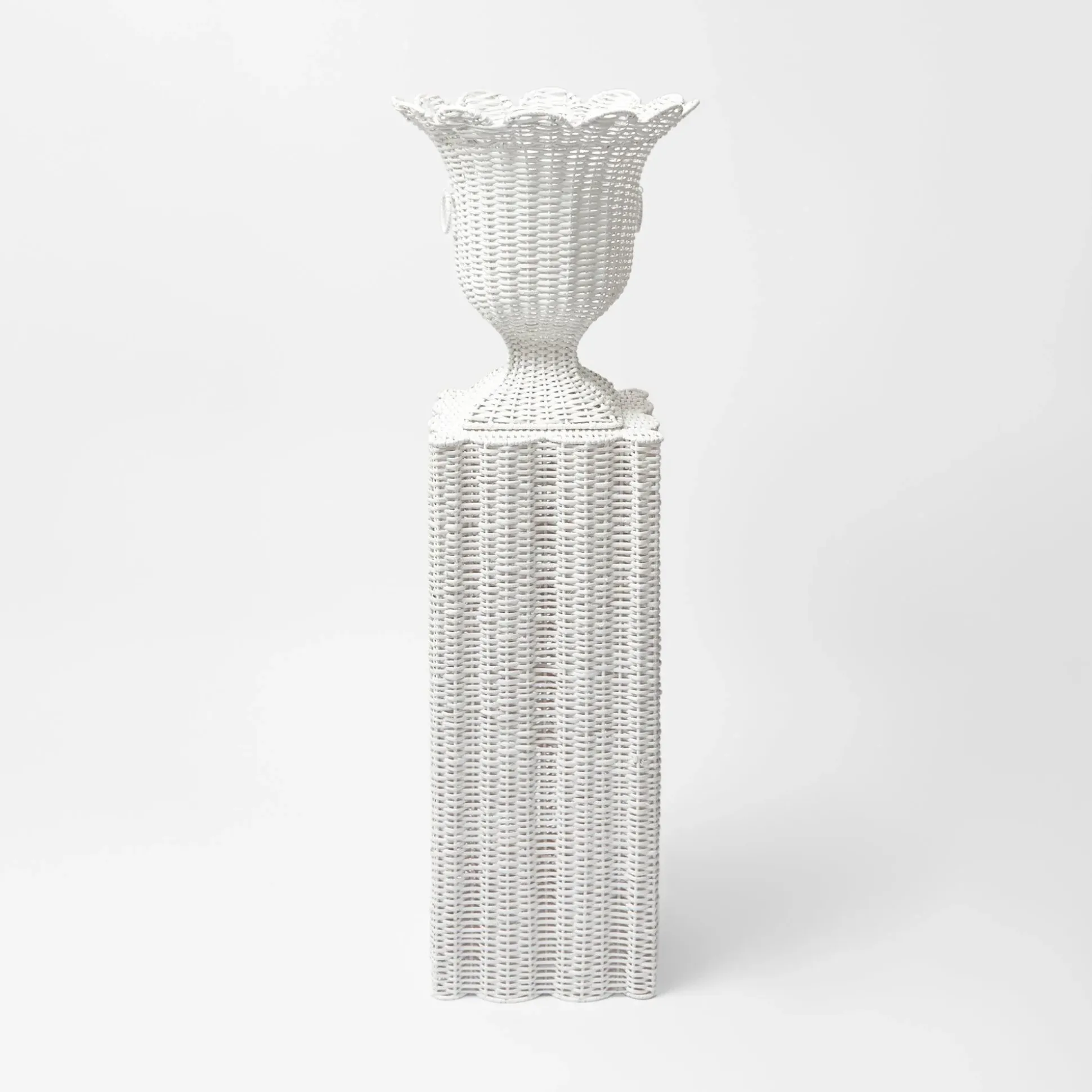 White Liliana Scalloped Rattan Pedestal And Urn