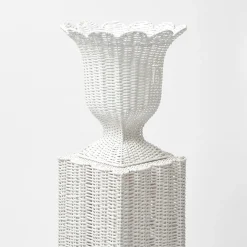 White Liliana Scalloped Rattan Pedestal And Urn