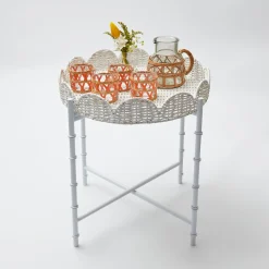 White Rattan Round Scalloped Tray With Stand