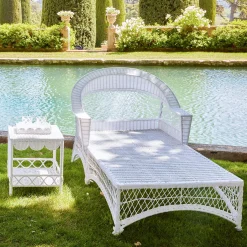 White Rattan Sun Lounger With Blue Ikat Cushion