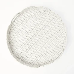 White Round Scalloped Rattan Tray