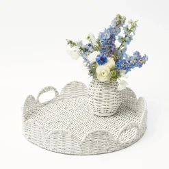 White Round Scalloped Rattan Tray