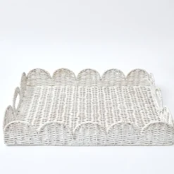 White Scalloped Rattan Tray