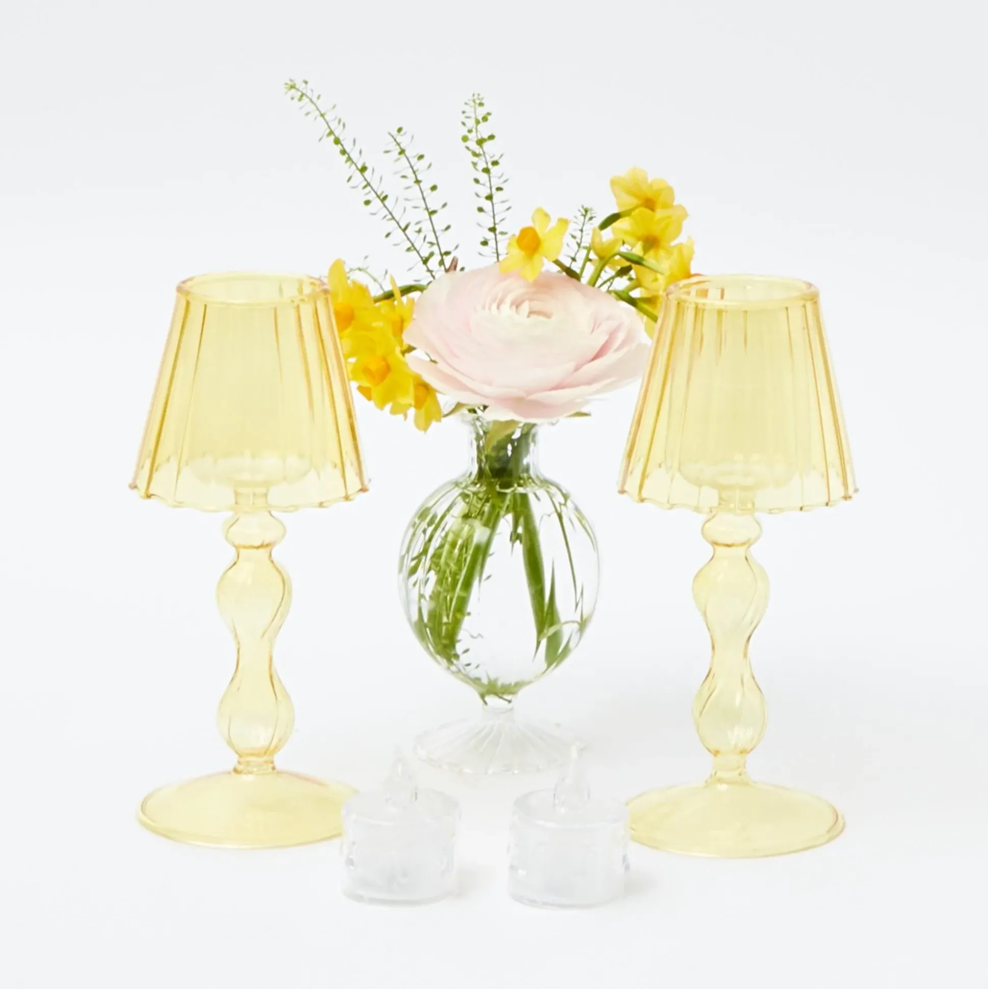 Yellow Glass Lantern Tea Light Holder (Pair) - 18Cm