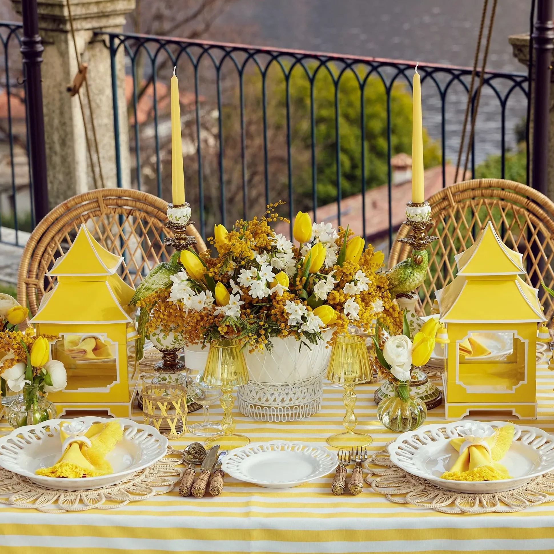 Yellow Glass Lantern Tea Light Holder (Pair) - 18Cm